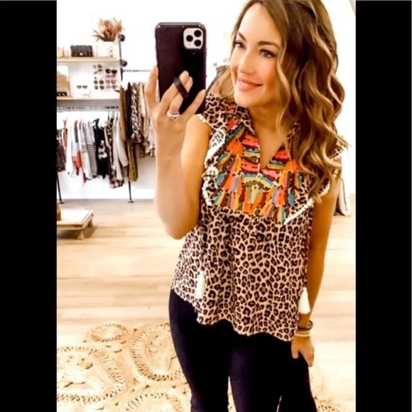 THML Boho Leopard Print Embroidered Tassel Top Sz S Ruffle Sleeve Festival Chic - Picture 16 of 16